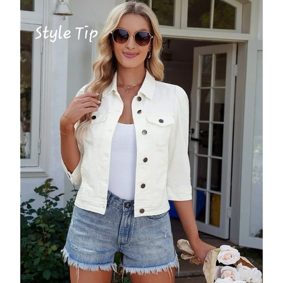 Denim Co White Jean Jacket S Top Mature Multicolor Embroidery Short Slee… - Picture 1 of 4